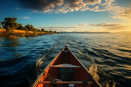 Serene Canoe Journey at Sunset on a, a Sports & Recreation Photo by Perpis