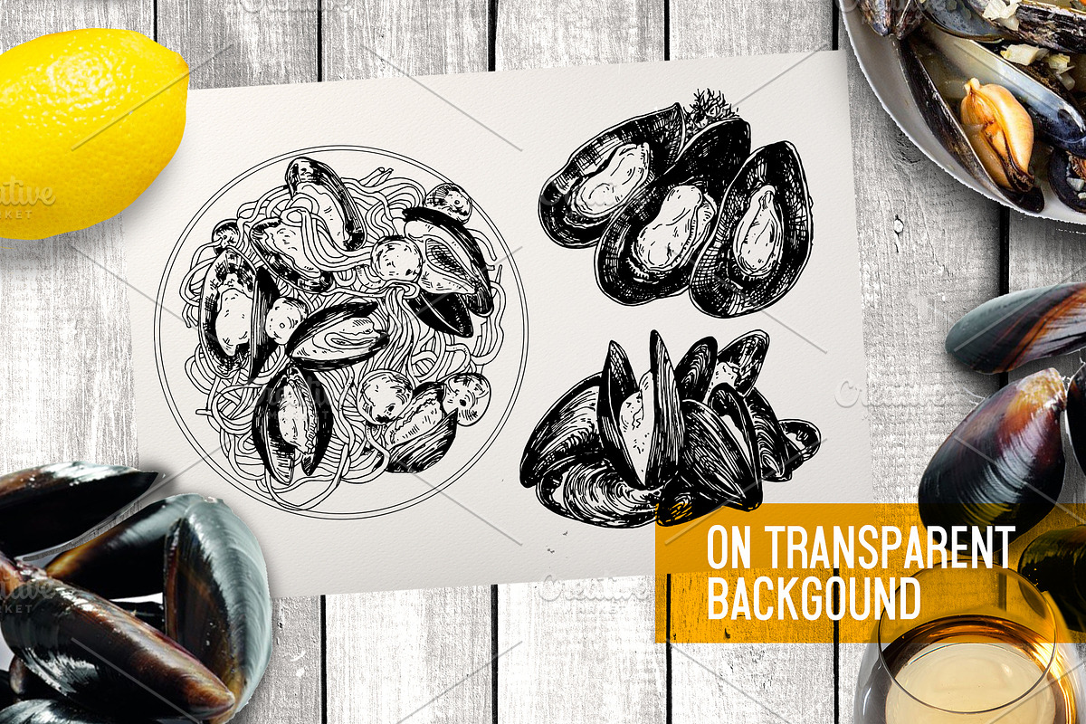 Mussels. Seafood menu illustrations, a Food Illustration by Alena Kaz (Photo 3 of 4)