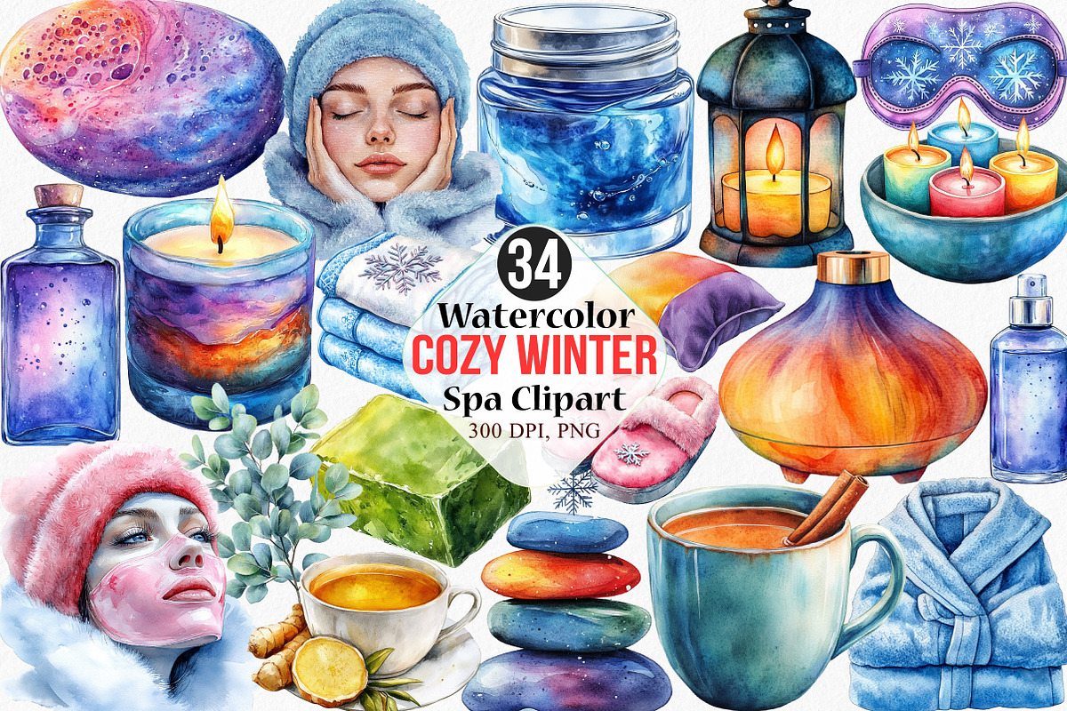 Watercolor Cozy Winter Spa Clipart, an Illustration by Canvas Craft (Photo 1 of 6)