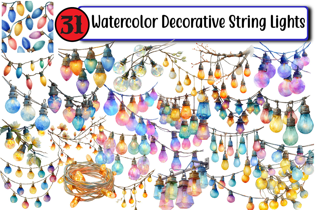 Watercolor Decorative String Lights, an Illustration by Design Market (Photo 1 of 3)