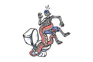 skeleton attacked by toilet monster, an Animal Illustration by gunaonedesign