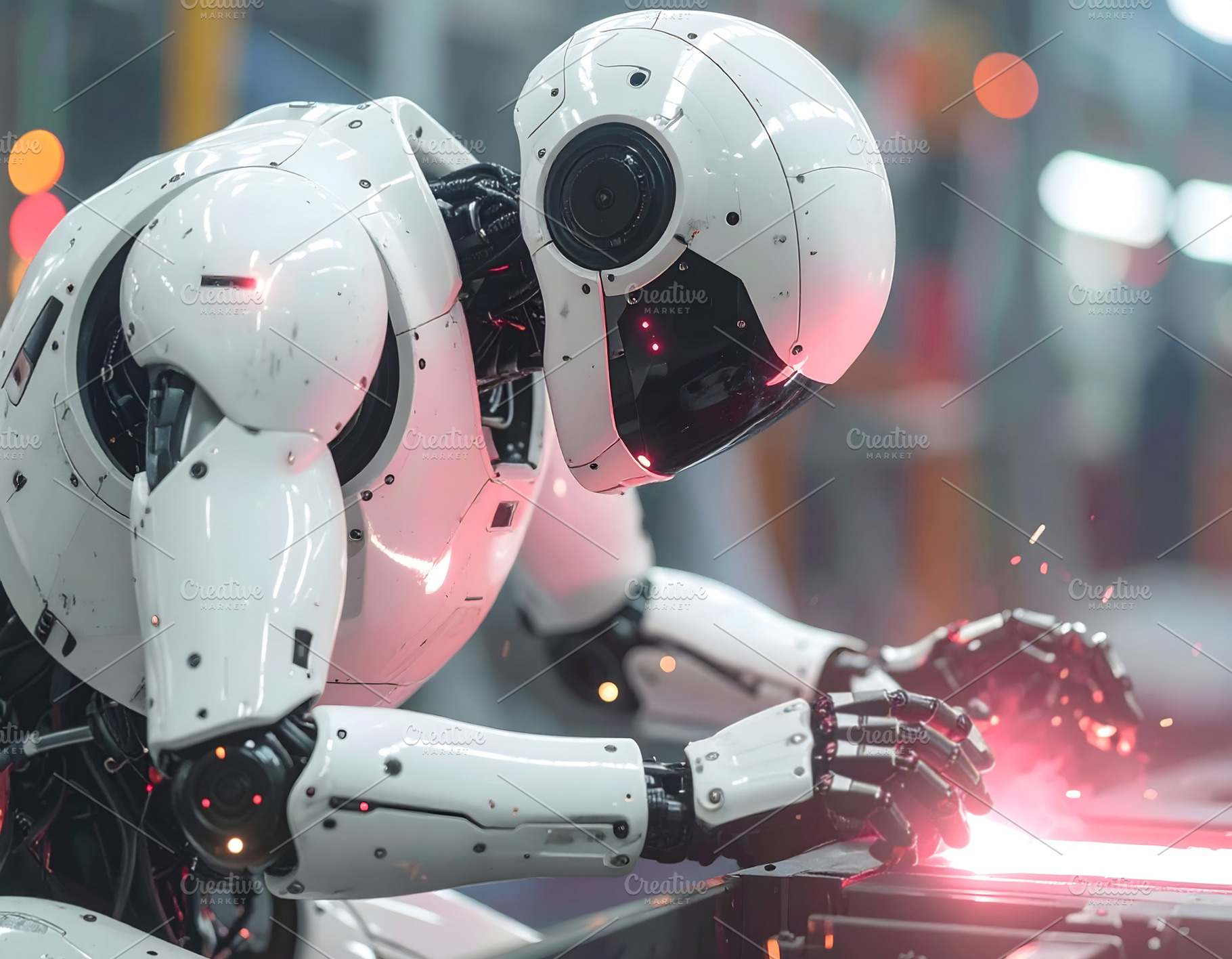 Robot welder leaning forward creating glowing red sparks, an Industrial Photo by GoodGoods