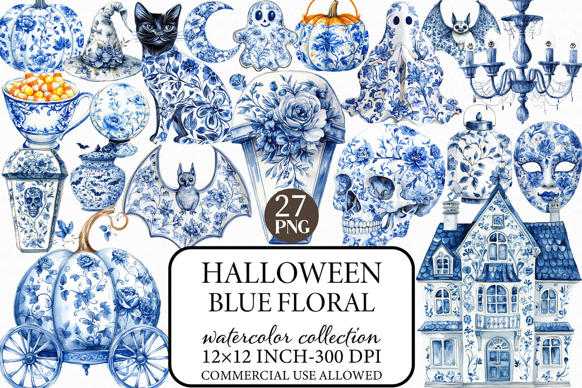 Blue Floral Halloween PNG, an Illustration by Libby Wishes (Photo 1 of 6)