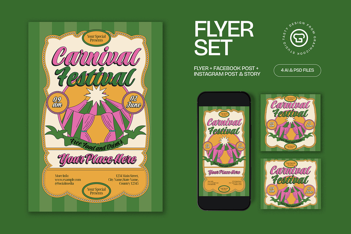 Green Beige Carnival Flyer Set, a Flyer Template by graphicook (Photo 1 of 3)