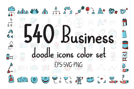 540 Business doodle icons color set