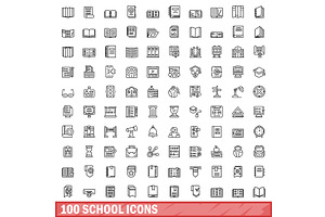 100 School Icons Set, Outline Style