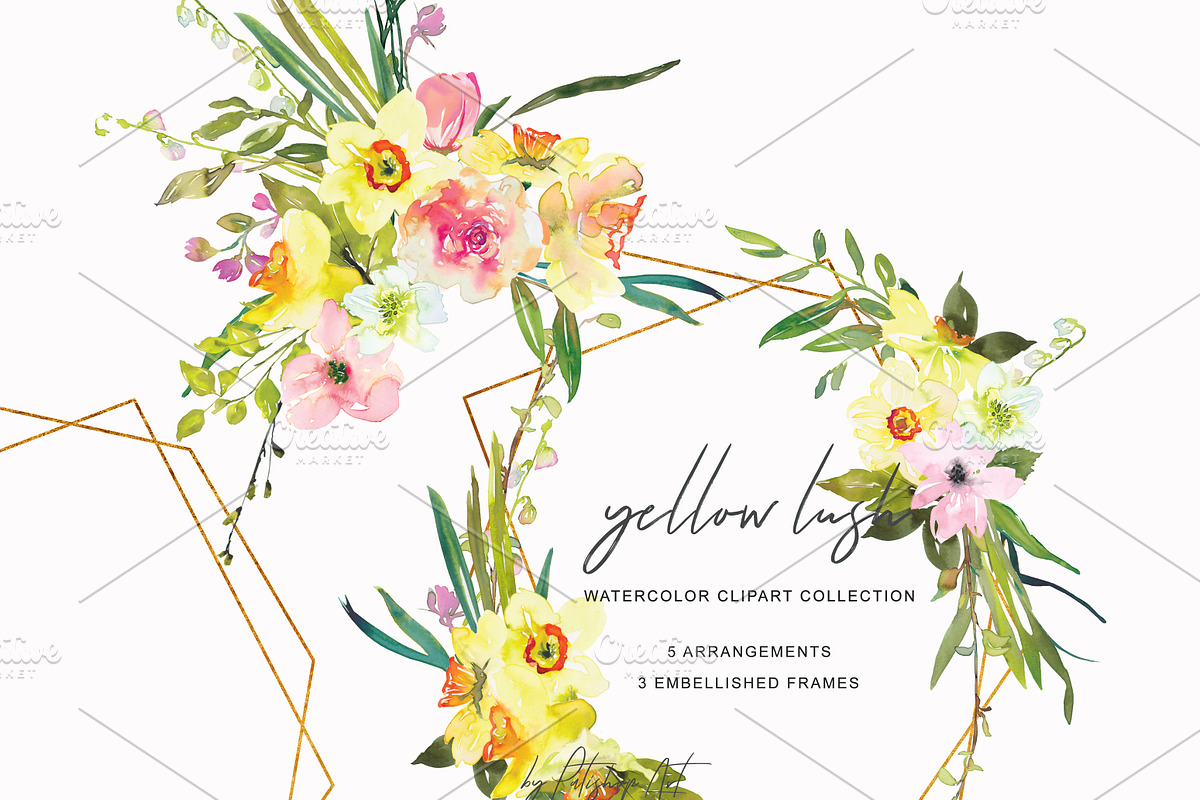 Watercolor Daffodil Bouquet & Frames, an Illustration by Patishop Art (Photo 2 of 7)
