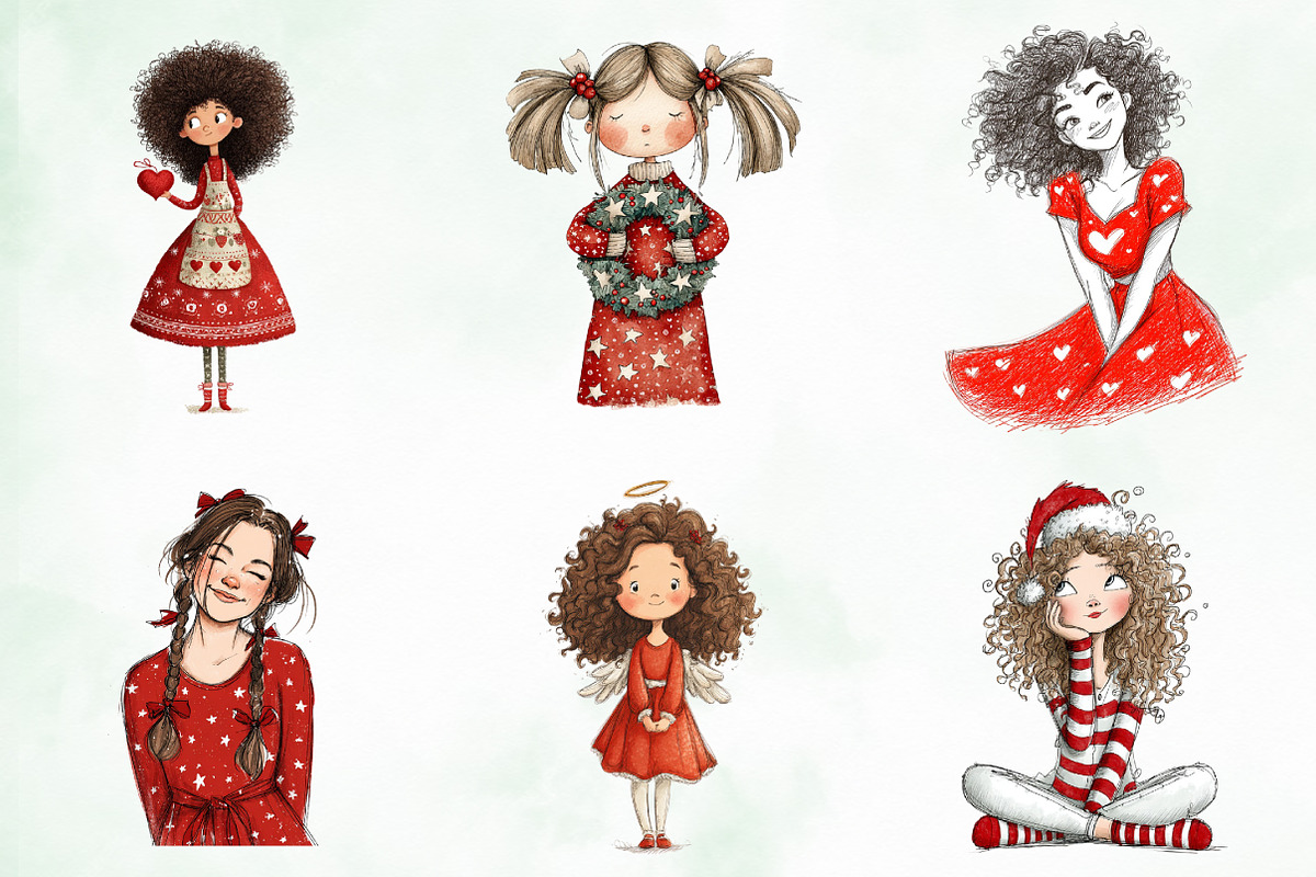 Quirky Funny Christmas Girls Clipart, an Illustration by Creative Art (Photo 9 of 13)