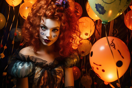 Beautiful woman with scary makeup for a Halloween - themed party, a Holiday Photo by designvectx