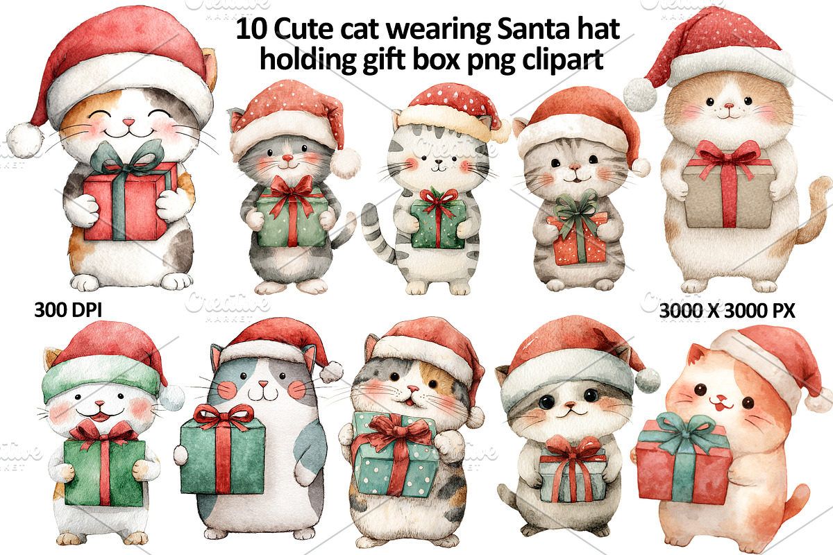 Cute Christmas Cat Clipart Bundle, an Animal Illustration by HillTract