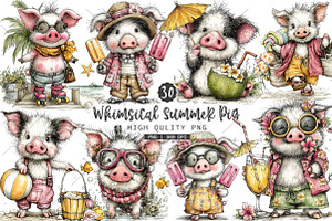 Whimsical Summer Pig Clipart Bundle, a Seasonal Illustration by OK Design