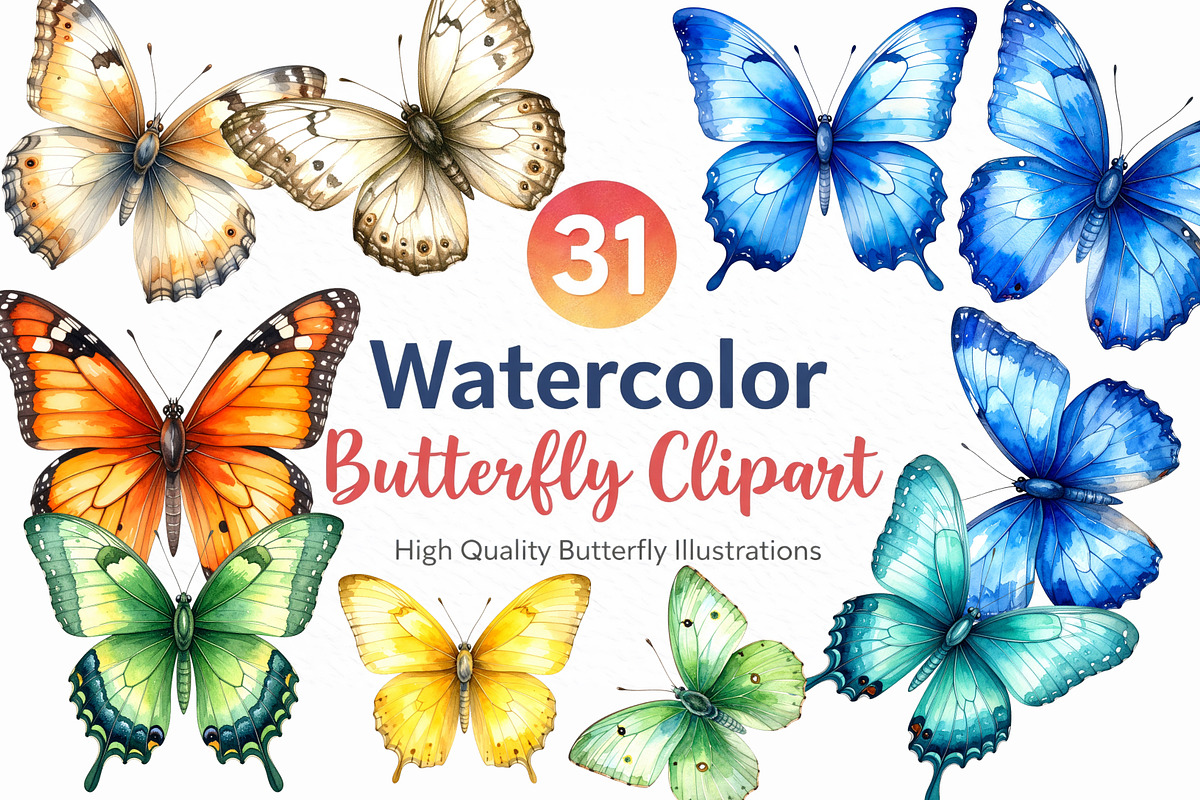 31 Watercolor Butterfly PNG Clipart, an Illustration by Print Haven (Photo 1 of 6)