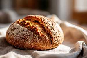 Grain sourdough bread resting on a linen cloth in a cozy kitchen setting, a Photo by AlyaAnd