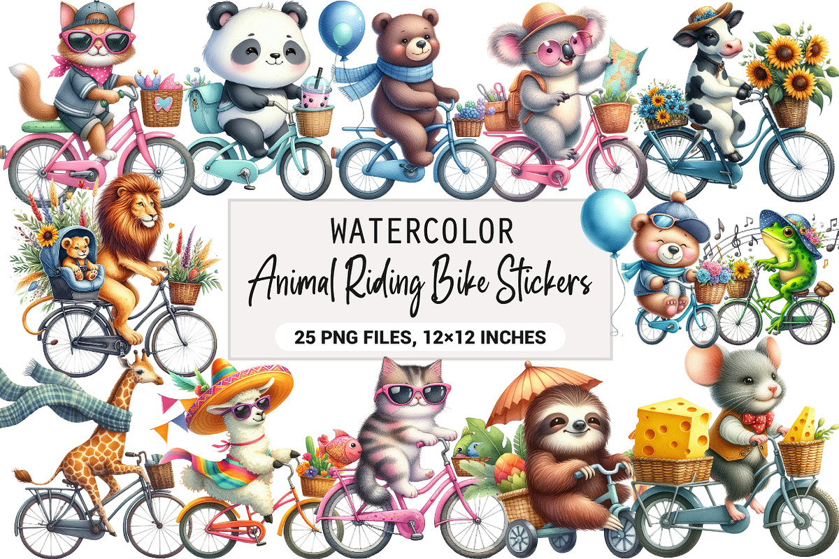 Animal Riding Bike Stickers Clipart, an Illustration by DreamArtGraphic (Photo 1 of 3)
