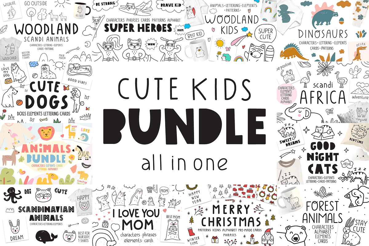 Cute kids Bundle, an Animal Illustration by cutelevindesign (Photo 1 of 13)