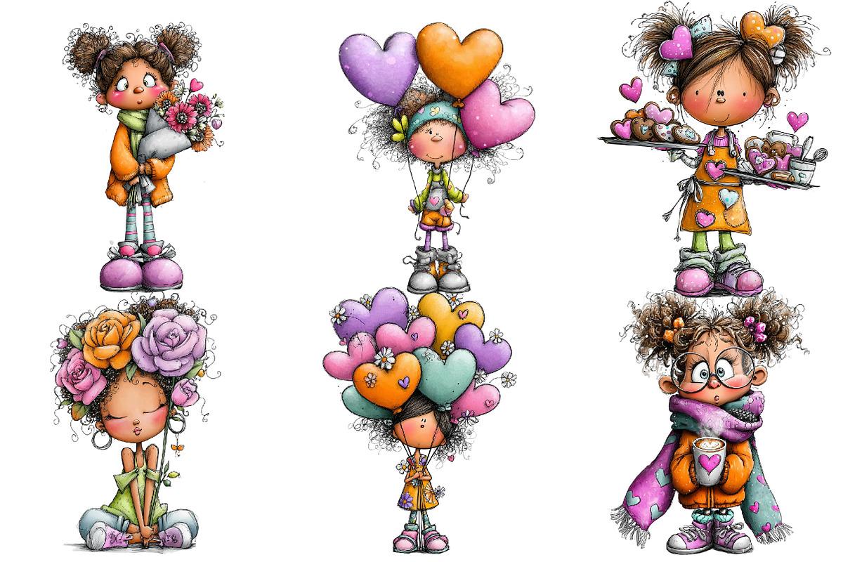 Whimsical Valentine Girl Clipart, an Illustration by DreamArtGraphic (Photo 3 of 4)
