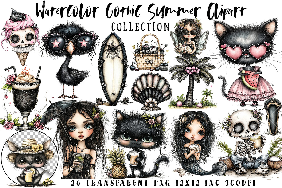 Watercolor Gothic Summer Clipart, an Illustration by OK Design (Photo 1 of 6)