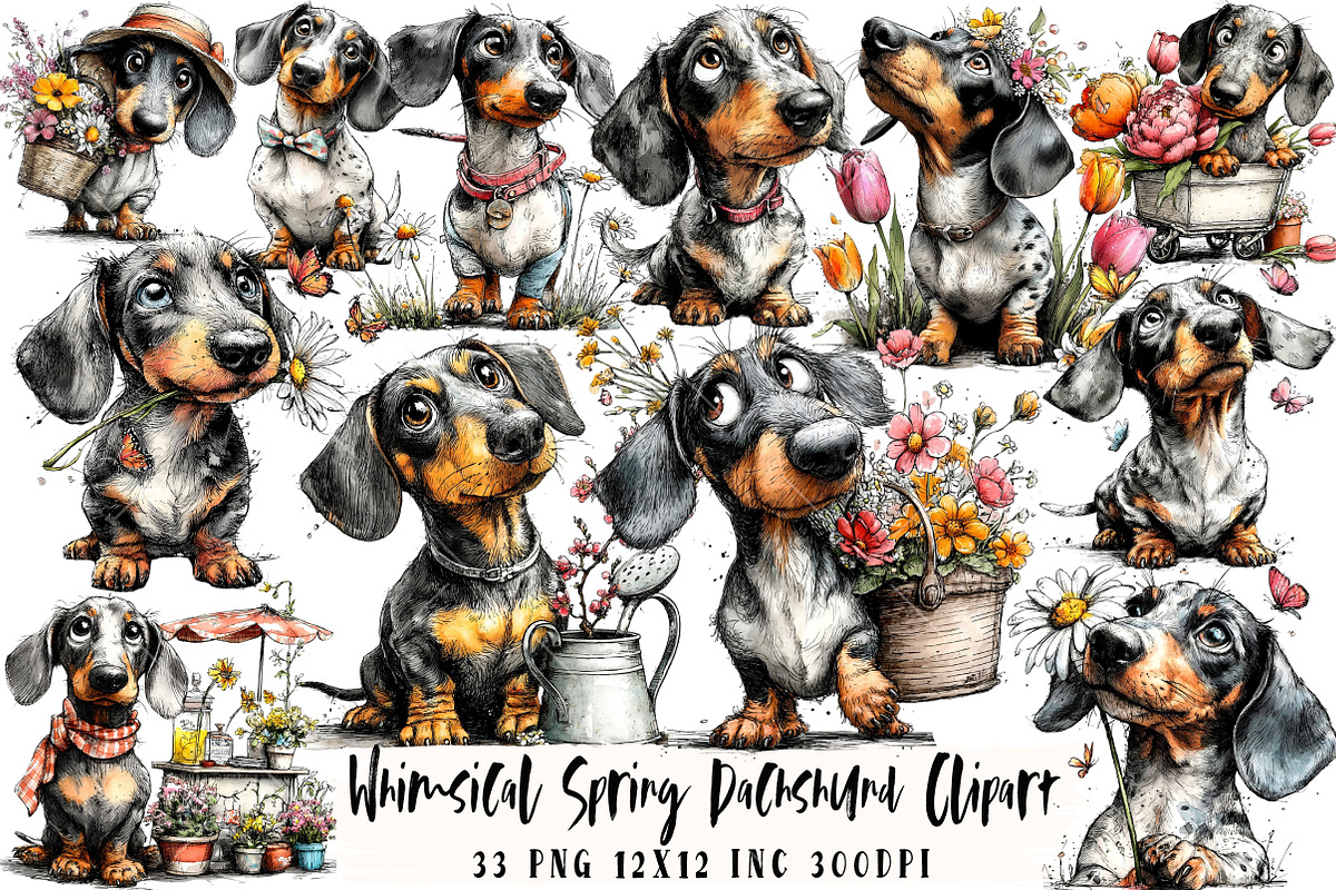 Whimsical Spring Dachshund Clipart, an Illustration by OK Design (Photo 1 of 6)