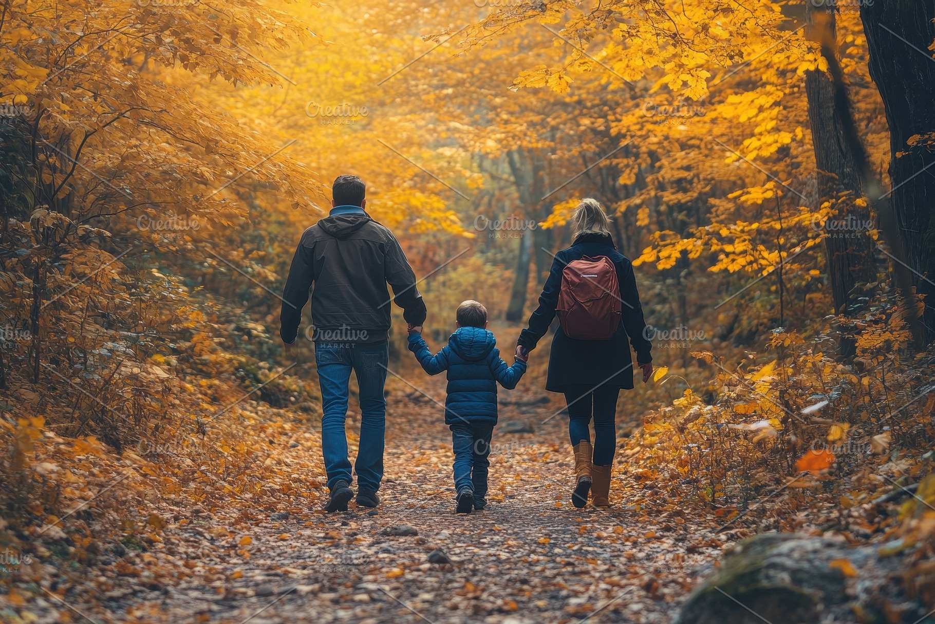 Family of three walking on a trail, a Photo by Pavel_design