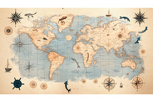 Vintage world map featuring ocean, an Illustration by Sergey Kotenev