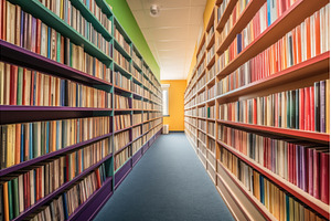 library bookshelves with rows of, a School & Education Photo by Sergey Kotenev
