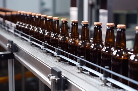 Brown glass beer bottles on conveyor production line. Brewery industry food fac