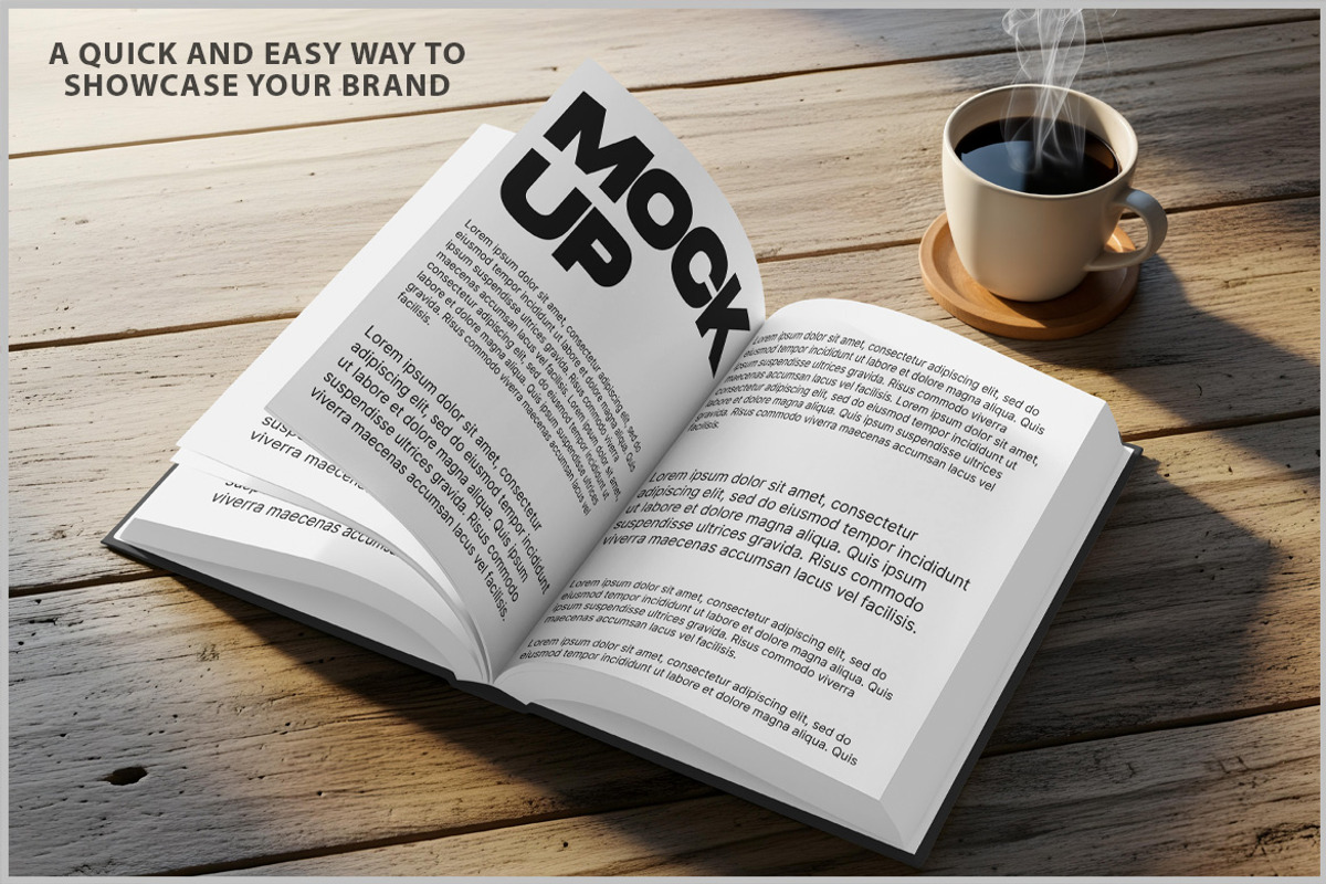 Open Book Mockup On Wooden Table PSD, a Product Mockup by Bruno's Shop (Photo 2 of 4)