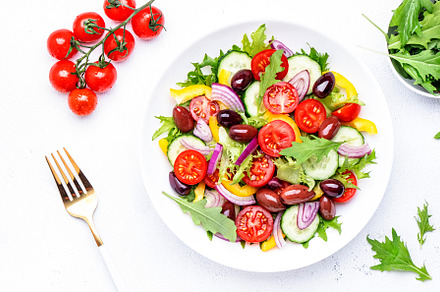 Vegan greek salad with kalamata olives, cherry tomato, yellow pa, a Food & Drink Photo by 5PH