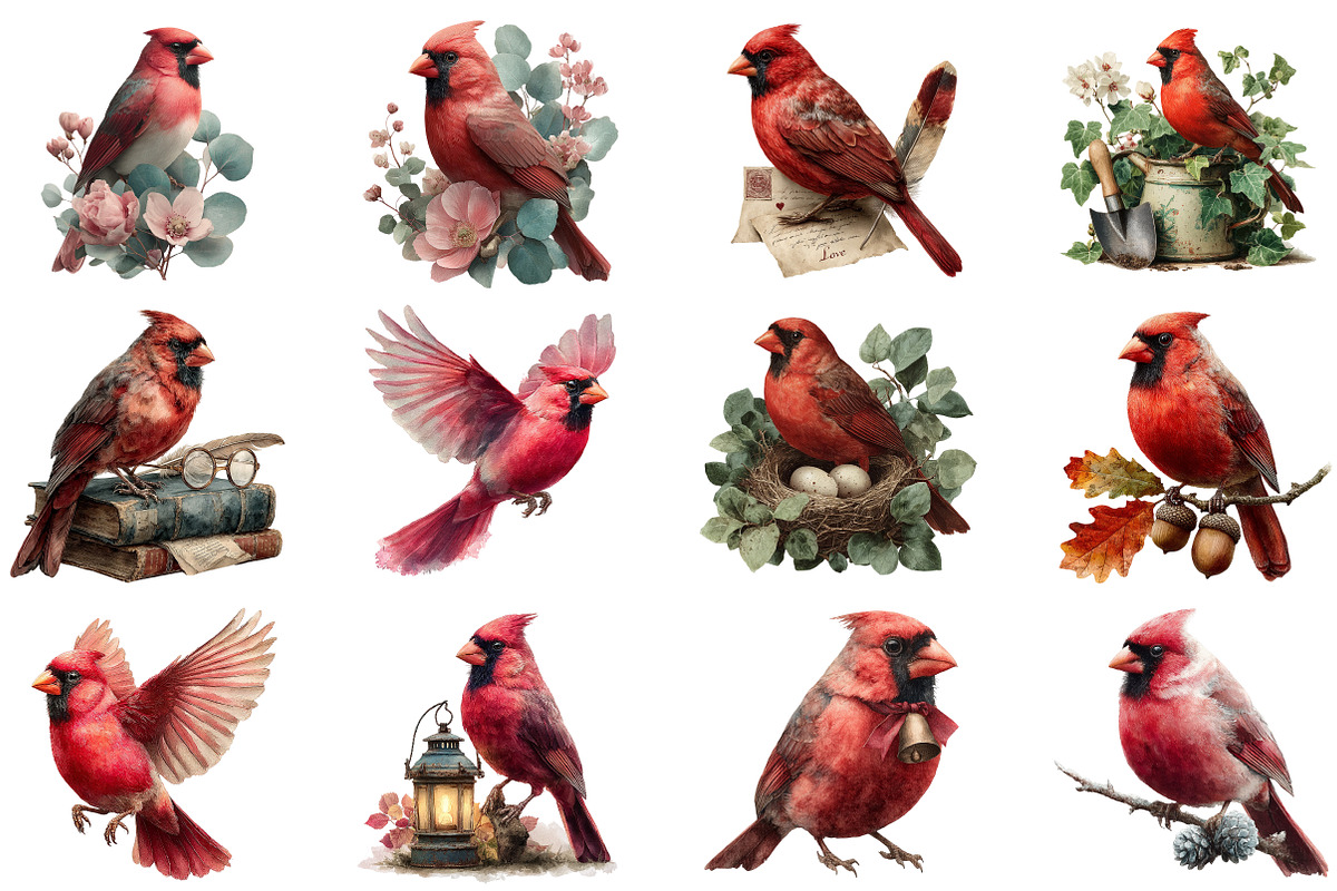 Watercolor Red Cardinal Bird Clipart, an Illustration by Craft Nest (Photo 3 of 4)