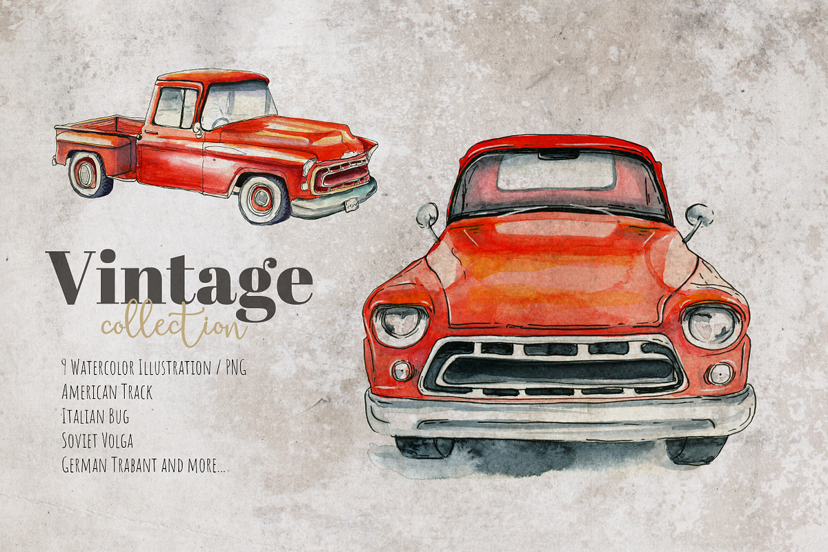 Retro cars. Watercolor illustrations, a Transportation Illustration by iri-illustration (Photo 2 of 11)