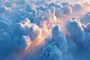 Dreamy cityscape emerging from vibrant clouds at sunrise with soft pastel hues, a Photo by AlyaAnd