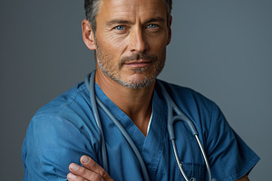 A male healthcare professional in scrubs, exuding confidence and compassion, re, a Person Photo by ImageMir