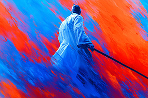 Samurai wielding a sword against, a Person Photo by MistyDay