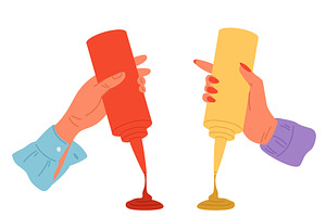 Womans hand holds plastic sauce, a Food Illustration by Vectorbuum