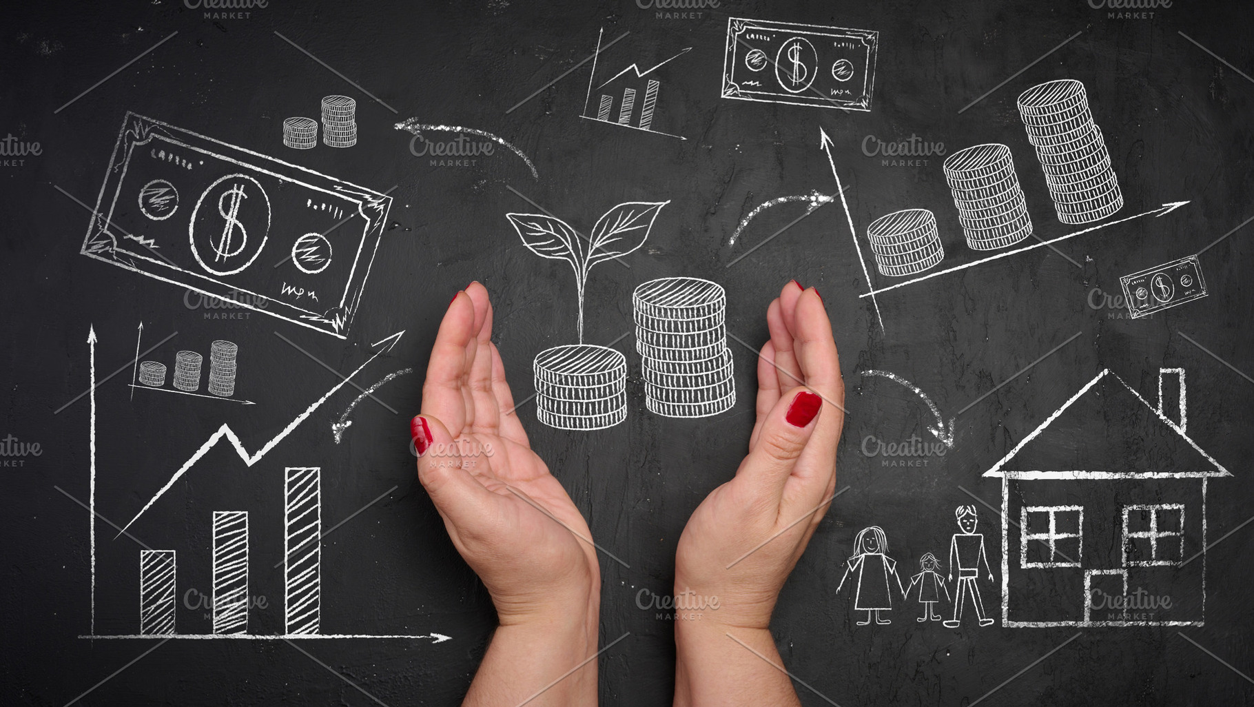 A woman's hands protect a chalk drawing of stacks of coins with, a Business Photo by ndanko