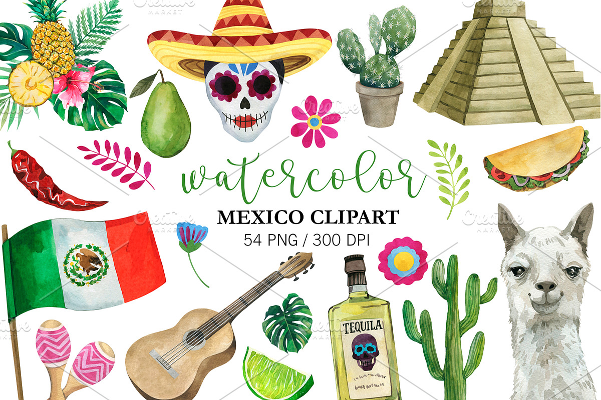 Watercolor Mexican Party Clipart PNG, an Object Illustration by PatternPalette (Photo 1 of 3)