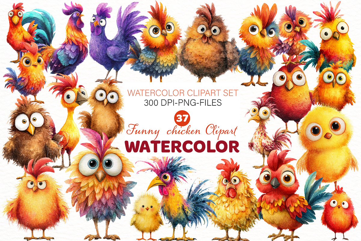 Watercolor Funny chicken Clipart, an Illustration by Designworld (Photo 1 of 4)