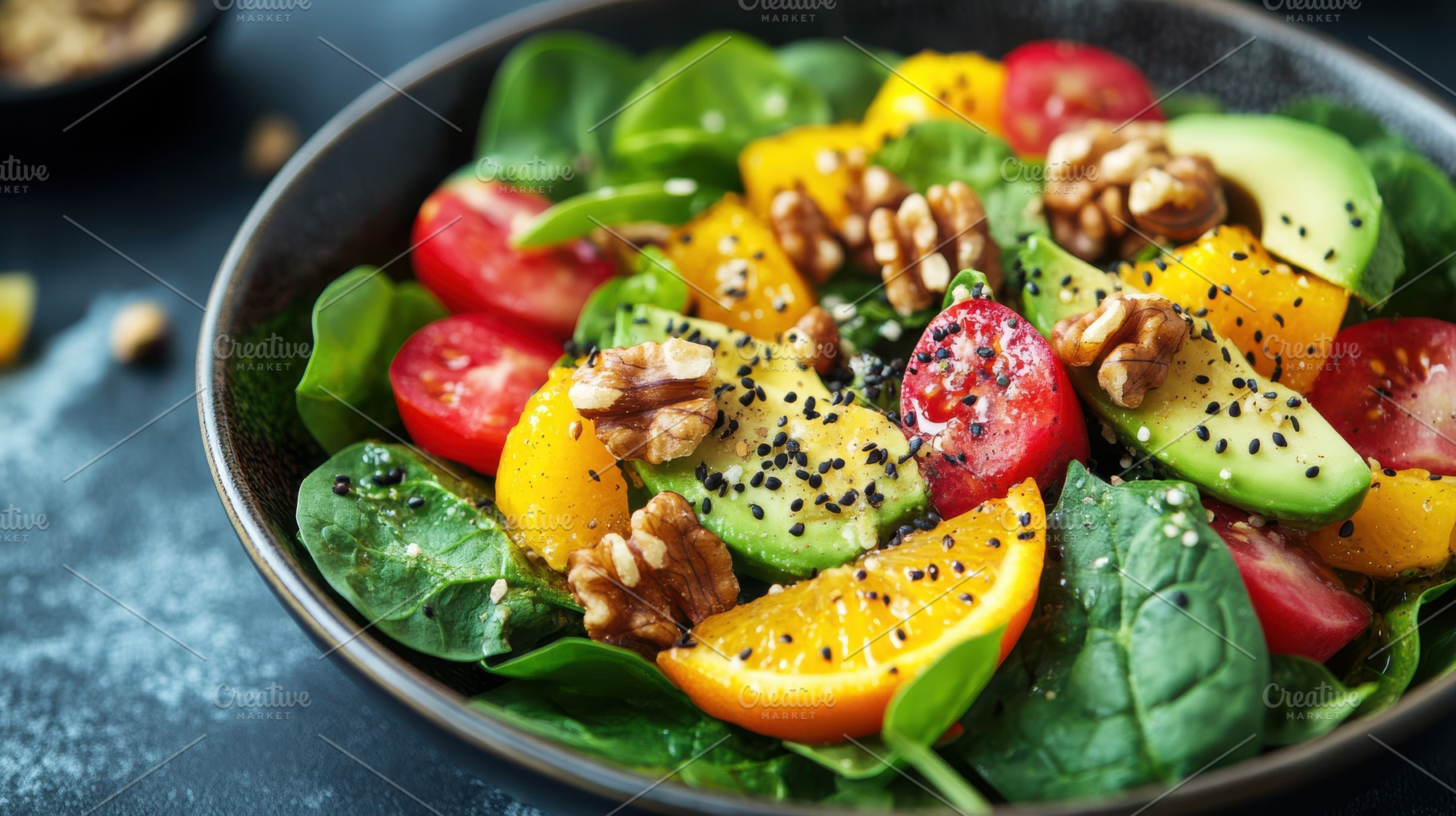 A vibrant salad with fresh spinach,, a Background Photo by Pixeness
