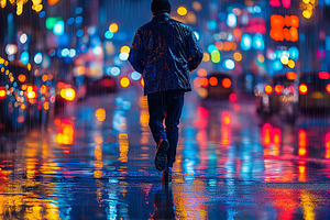 A male figure walks through a rain-soaked cityscape at night, reflecting vibran, a Background Photo by ImageMir