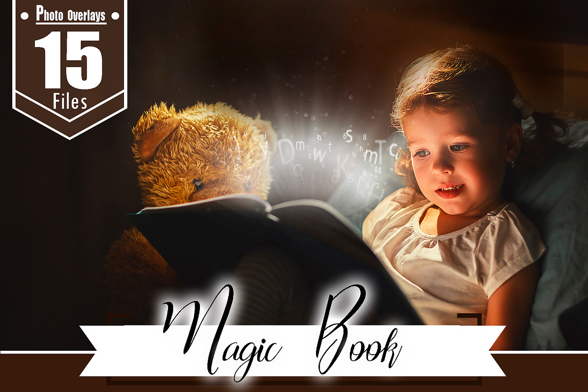 15 magic shine book photo overlays, a Layer Style Add-On by OverlayBox