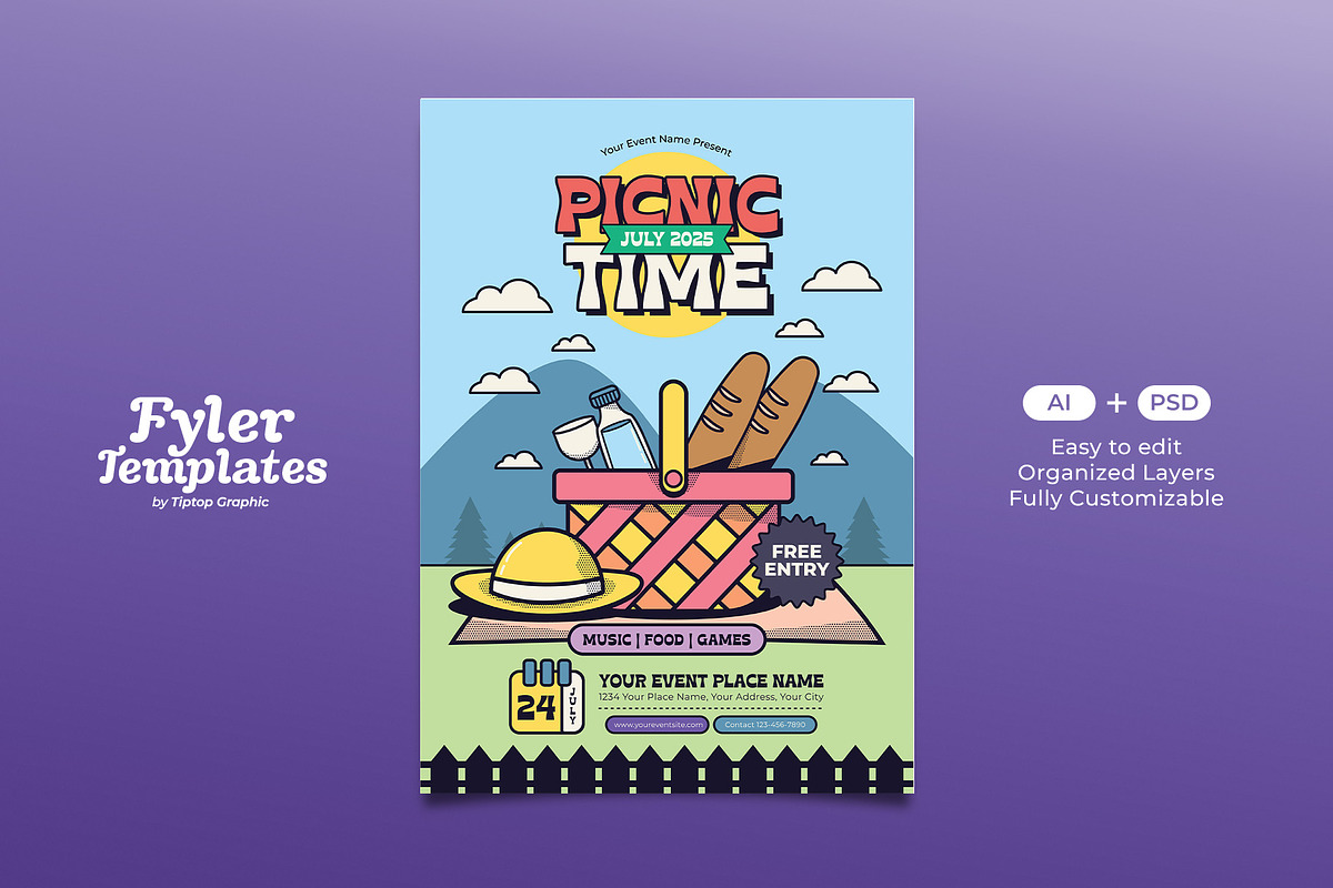 Retro Picnic Time Flyer Template, a Flyer Template by Tiptop Graphic (Photo 1 of 5)