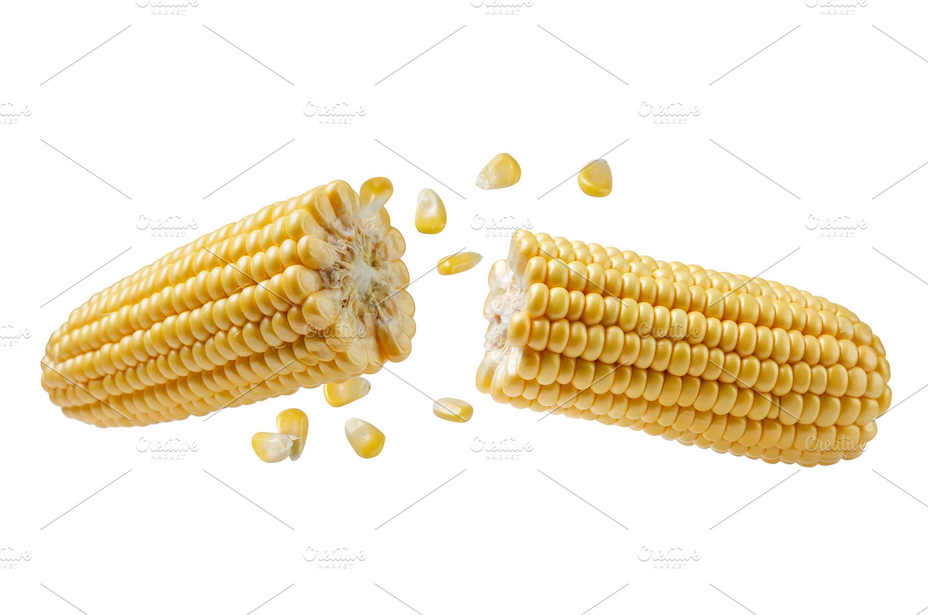 Corn cob broken in half flies with, a Food & Drink Photo by innakreativ