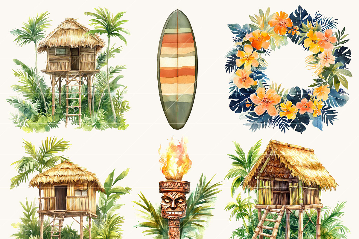 Watercolor Cute Hawaiian Clipart, an Object Illustration by SparkyDesignsUS (Photo 6 of 9)