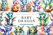 Watercolor Baby Dragon Clipart, an Animal Illustration by BusyDaydesign (Thumbnail 1 of 9)