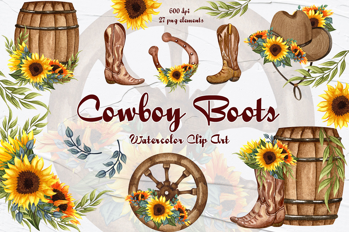 Cowboy Boots Watercolor Clipart, an Illustration by BarvArt, image size:1200x800