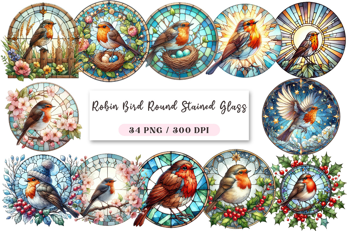 Robin Bird Round Stained Glass Clipa, an Illustration by DreamArtGraphic (Photo 1 of 4)