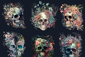 Watercolor Floral Skull Clipart