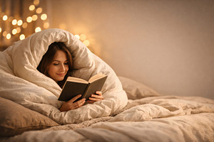 Woman reading book in cozy bed surro, a Photo by Dvoevnore photos