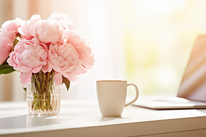 Feminine Workspace with Peonies, a Beauty & Fashion Photo by Iconogenic
