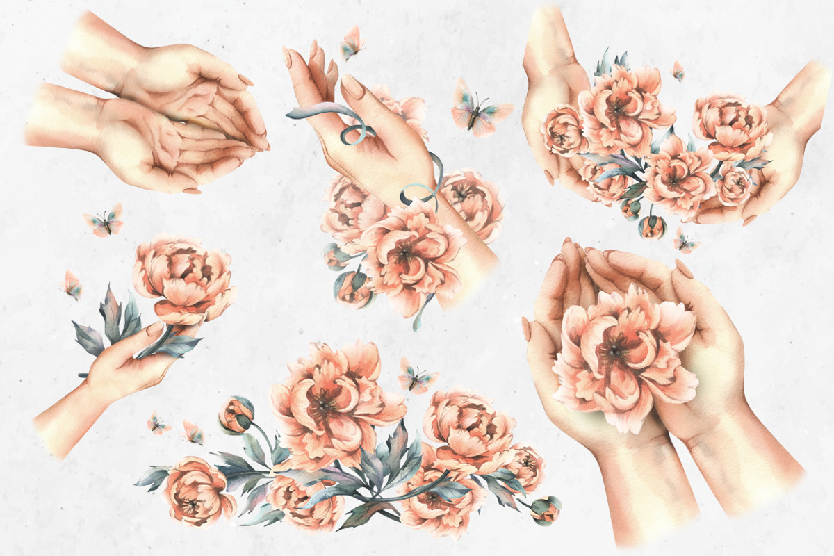 Hands and peonies watercolor clipart, a Person Illustration by NATASHA CHU (Photo 7 of 21)
